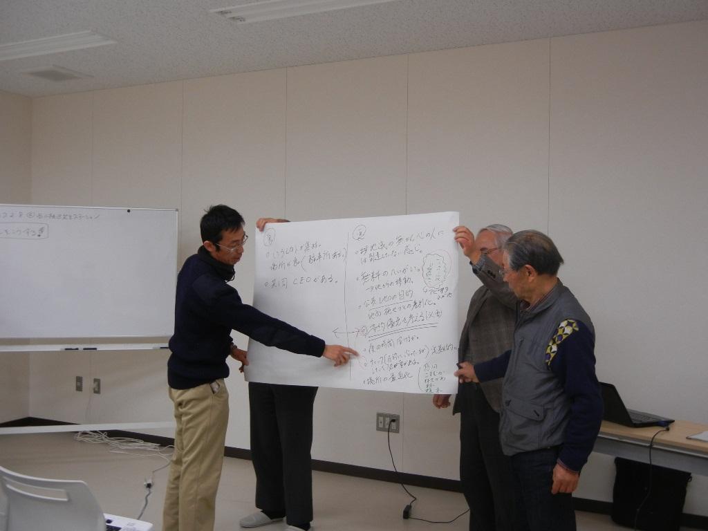 教室の前で3名の方が資料を持っており、1名の男性がその資料を見ながら指差ししている写真