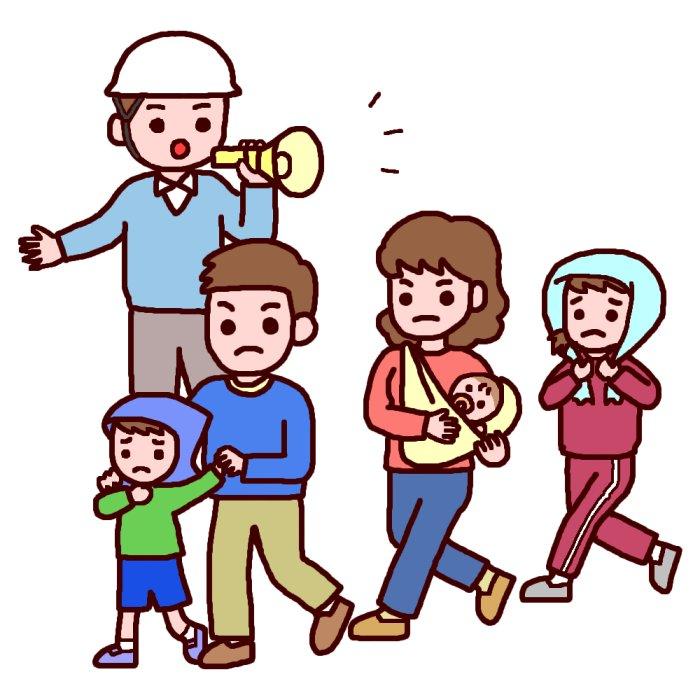 拡声機を使っている人の指示に従って避難訓練をしている親子のイラスト