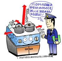 制服を着た男性が左右と奥行き15センチメートル、上部が100センチメートルあいたコンロの横に立ち「コンロからの距離は安全のためのものです。詳しくは、消防本部予防課まで!」と言っているイラスト