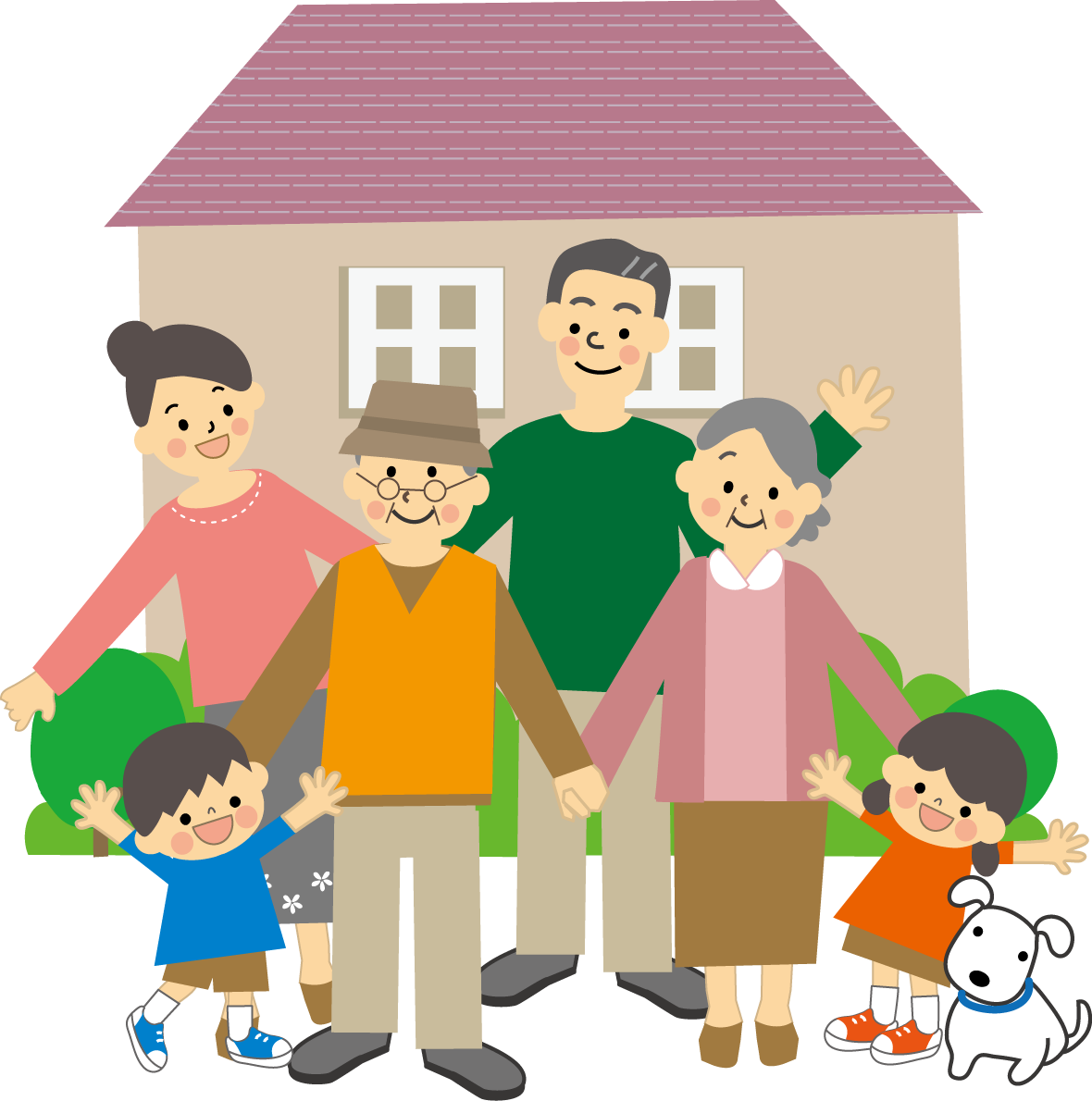 祖父母、両親、男女の子供、犬が家の前で笑顔でてをつないでいるイラスト