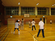 体育館でバレーボールを楽しんでいる人たちの写真