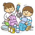 男の子と女の子が懐中電灯やラジオなどをリュックに詰めている防災イメージのイラスト