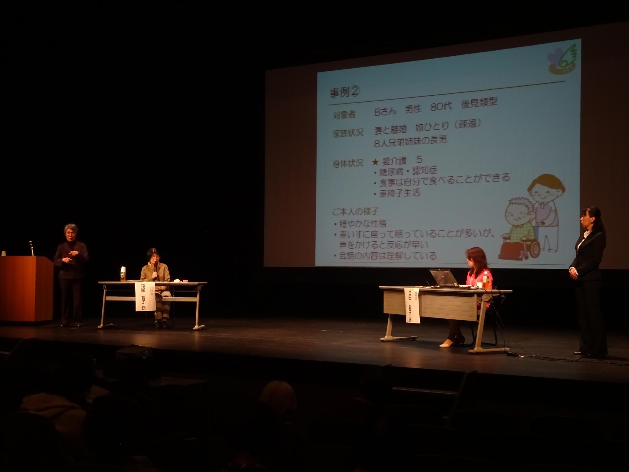 講演会の舞台上の様子の写真で、舞台にはスクリーンに資料が映し出されており、左右には長机に1名ずつ講師の女性と対談者の女性が椅子に座ってマイクを持って話をしている様子の写真