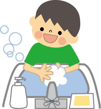 手を洗っている緑のシャツを着た男の子のイラスト