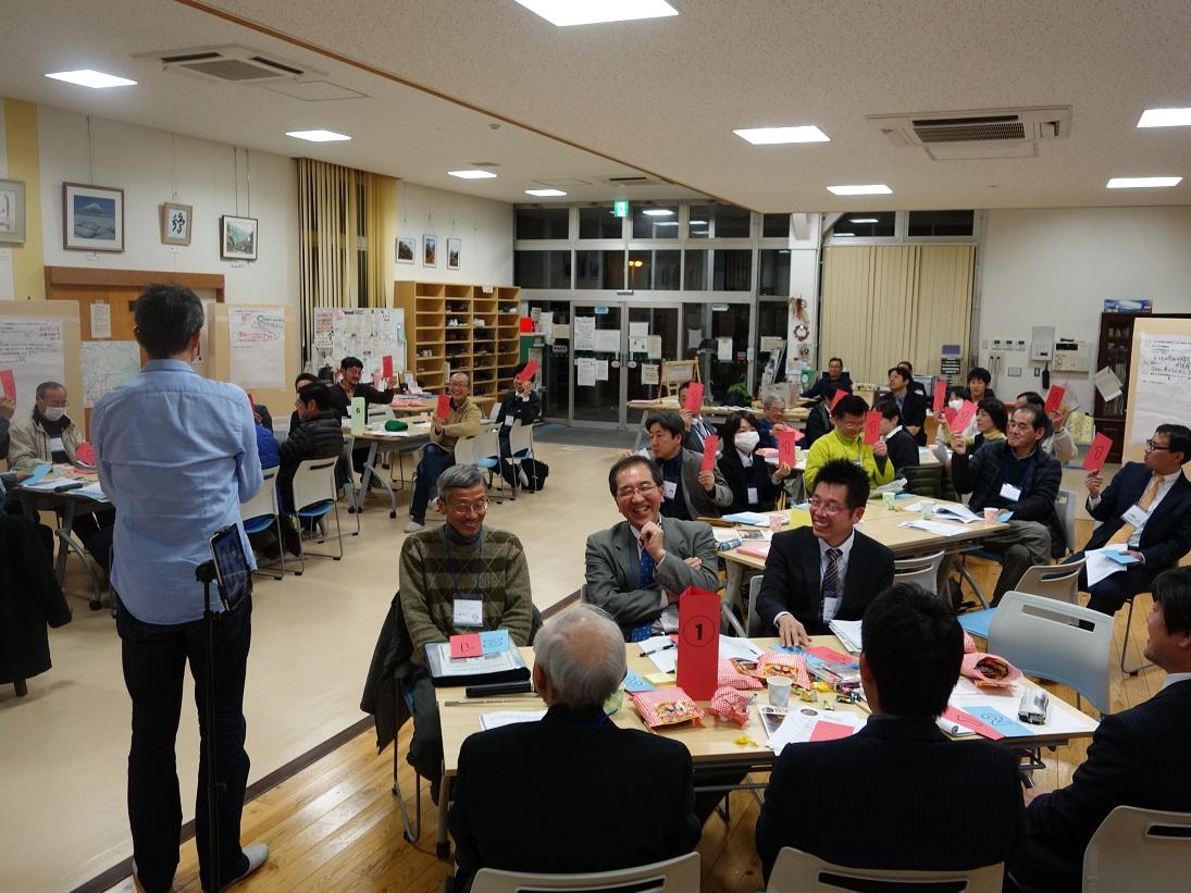 たくさんのテーブルに分かれて座り笑顔で話し合いをしている検討委員会の写真