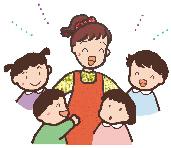 笑顔の女性の周りに子供たちが集まっているイラスト