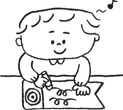鼻歌を歌いながらクレヨンで鯉のぼりに絵を書いてる子供のイラスト