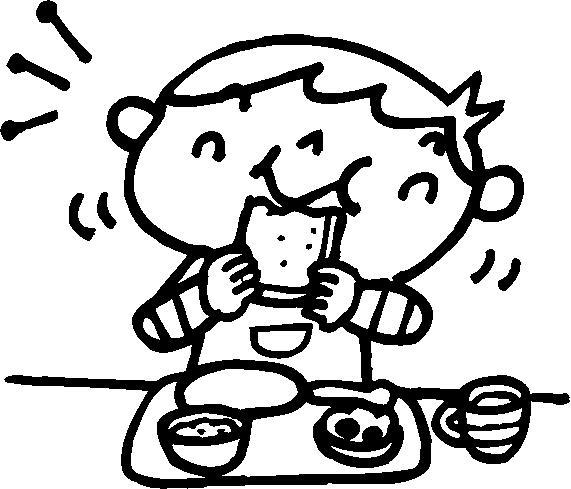 給食のパンを美味しそうに食べている男の子のイラスト