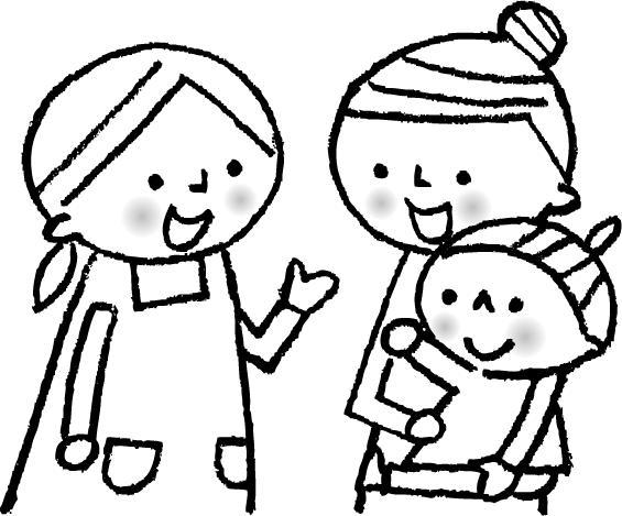 子どもを抱いた母親とエプロン姿の女性が会話をしているイラスト