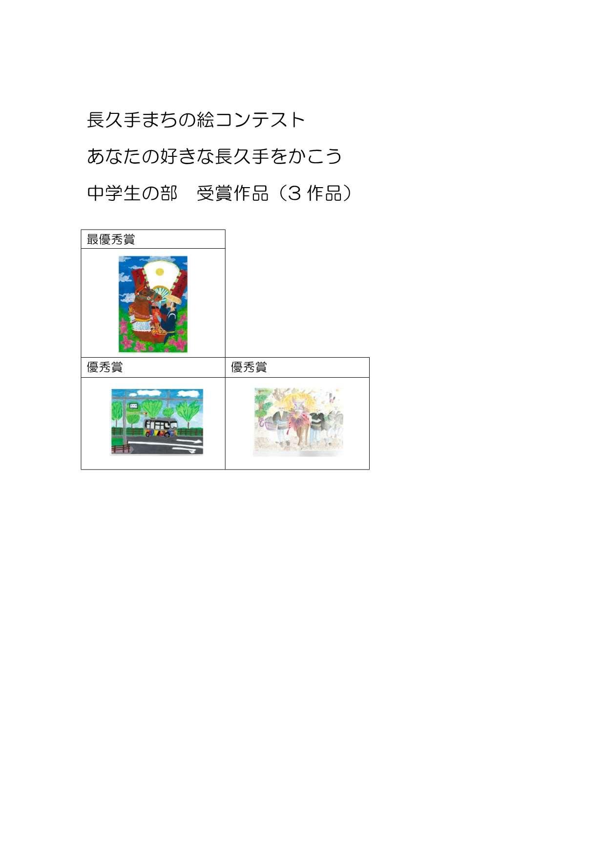 長久手まちの絵コンテストあなたの好きな長久手をかこう中学生の部受賞作品(3作品)