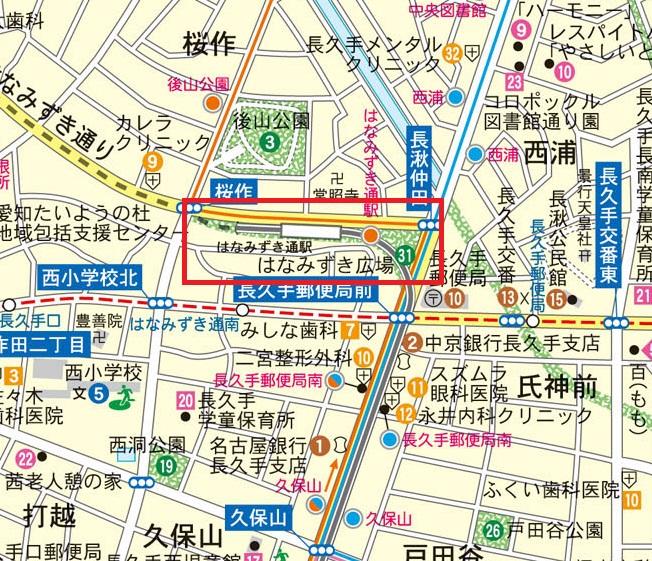 はなみずき広場の範囲を赤線で囲った地図