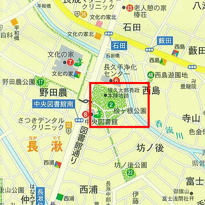 桧ケ根(ひのきがね)公園の範囲を赤線で囲った地図