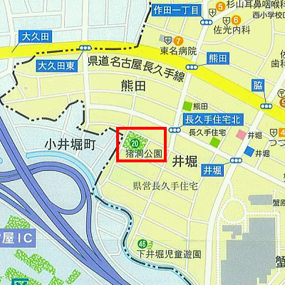 猪洞(いぼら)公園の範囲を赤線で囲った地図