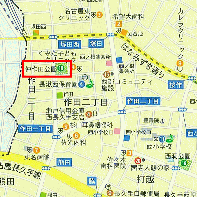 仲作田(なかさくた)公園の範囲を赤線で囲った地図