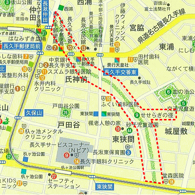 せせらぎの径(みち)の範囲を赤線で囲った地図