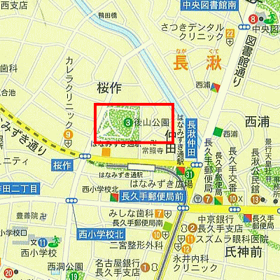 後山(うしろやま)公園の範囲を赤線で囲った地図