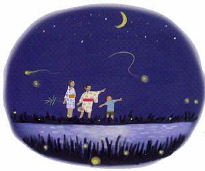 飛び交っている蛍の黄色い光に指を差している3人の子供たちのイラスト