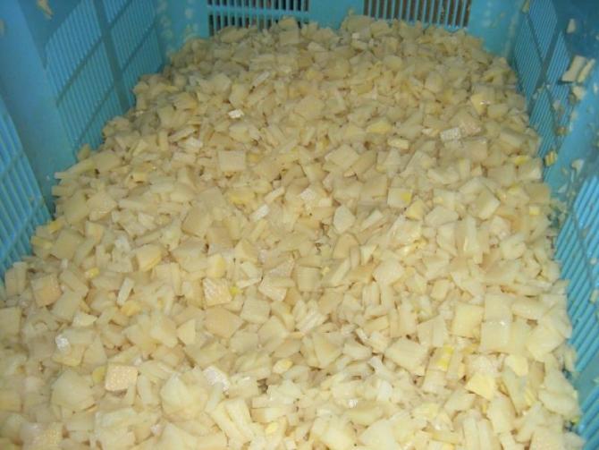 大きな水色のかごに、食べやすい大きさにカットされたたけのこが大量に入っている写真