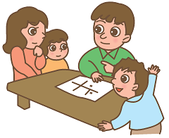 お父さんお母さん、子供2人がテーブルを囲んで避難する場所を考えているイラスト