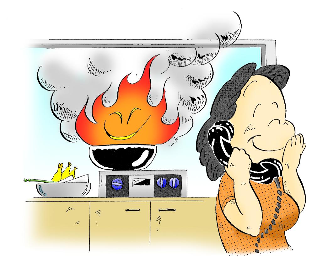 電話に夢中になっている女性の後ろで鍋から火が上がっているイラスト