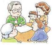 テーブルを囲んでお父さんお母さん子供達2人とおばあちゃんで家族の防災会議を開いているイラスト