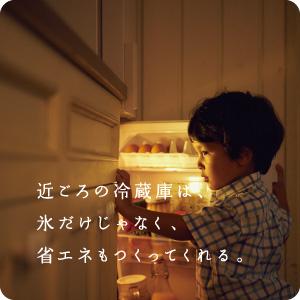 男の子が冷蔵庫をあけている写真 近ごろの冷蔵庫は氷だけじゃなく、省エネもつくってくれる。