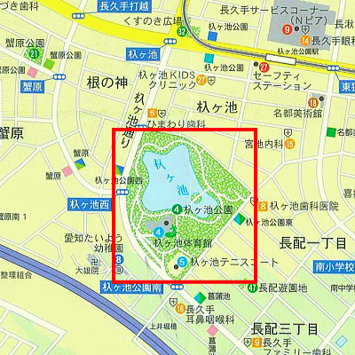 杁ヶ池（いりがいけ）公園の範囲を赤線で囲った地図