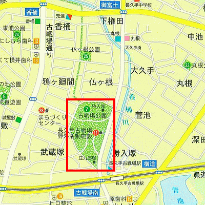 古戦場（こせんじょう）公園の範囲を赤線で囲った地図