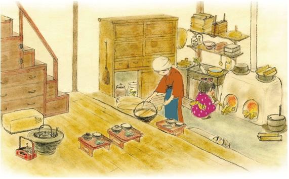 昔ながらの家の中でかまどで火を起こしている女の子と鍋を持ってご飯の準備をしているお母さんのイラスト(長久手の民俗資料からみえてきた 明治・大正・昭和のながくて|長久手市のリンク）