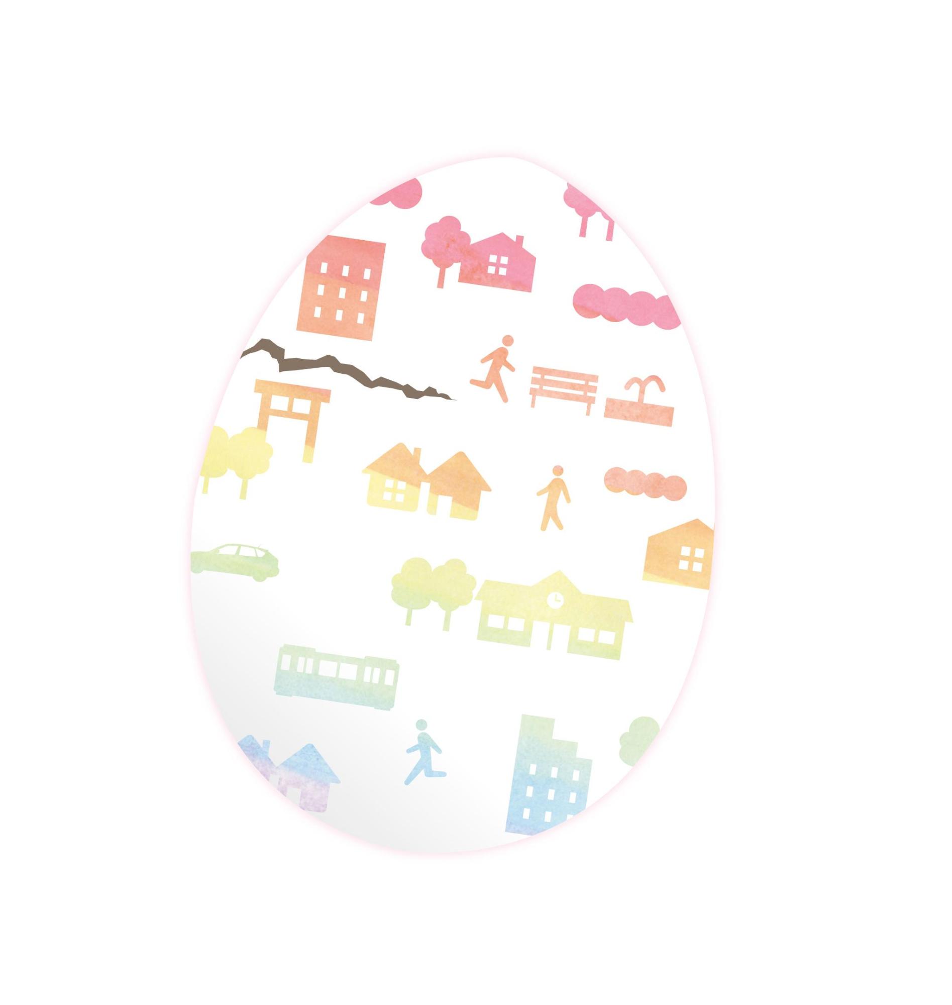 卵に人、建物、木、乗り物などが描かれたイラスト