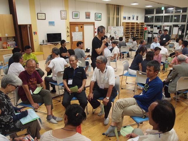 参加者の皆さんが、グループを作って円になって椅子に座っており、マイクを持った男性が参加者の皆さんに話をしている様子の写真