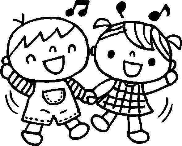 オーバーオールを着た男の子とスカートをはいた女の子が手を繋いで楽しそうに歌を歌っているイラスト