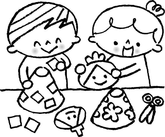男の子と女の子がひな人形の工作をしているイラスト