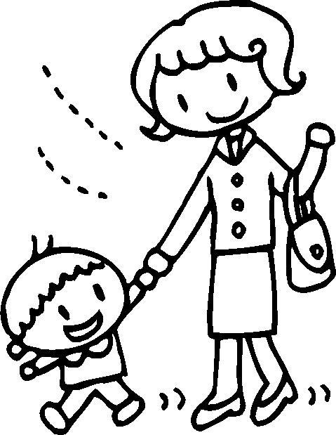 左腕にバッグをさげたスーツ姿の母親と子供が手を繋いで歩いているイラスト