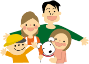 黄色い帽子を着用し両手を広げている息子、エプロン姿の母親、愛犬とハグをしている娘、家族全体を包み込むように両手を広げている父親のイラスト