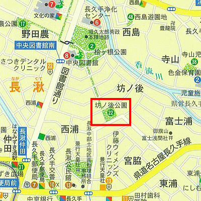 坊ノ後（ぼうのうしろ）公園の範囲を赤線で囲った地図