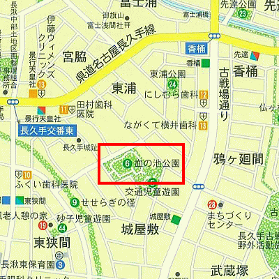 血の池（ちのいけ）公園の範囲を赤線で囲った地図