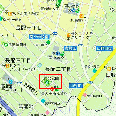 長配（ちょうはい）公園の範囲を赤線で囲った地図