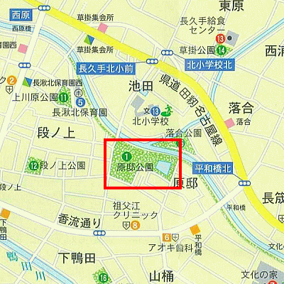 原邸（はらやしき）公園の範囲を赤線で囲った地図