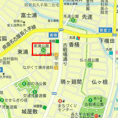 東浦（ひがしうら）公園の範囲を赤線で囲った地図