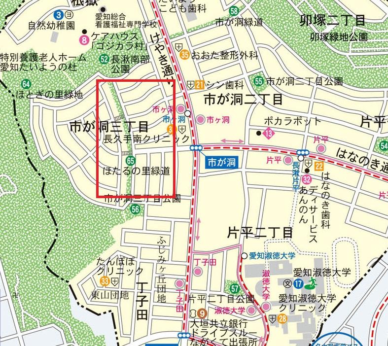 ほたるの里（ほたるのさと）緑道の範囲を赤線で囲った地図