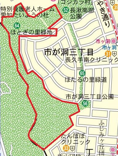 ほとぎの里（ほとぎのさと）緑地の範囲を赤線で囲った地図