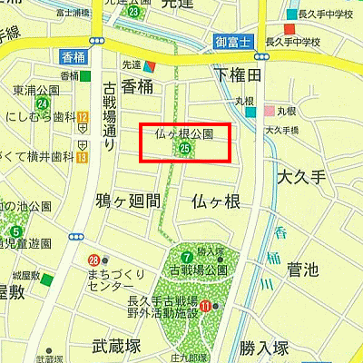 仏ケ根（ほとけね）公園の範囲を赤線で囲った地図