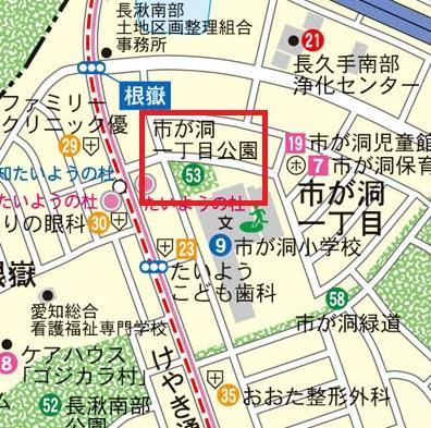 市が洞一丁目（いちがほらいっちょうめ）公園の範囲を赤線で囲った地図