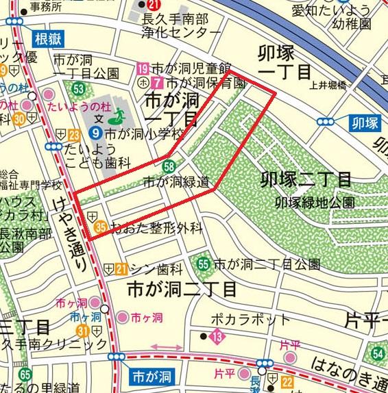 市が洞（いちがほら）緑道の範囲を赤線で囲った地図