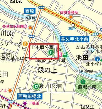 上川原（かみがわら）公園の範囲を赤線で囲った地図