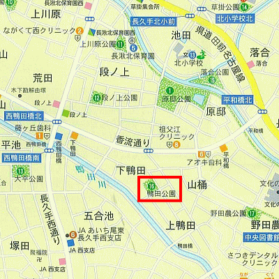 鴨田（かもだ）公園の範囲を赤線で囲った地図