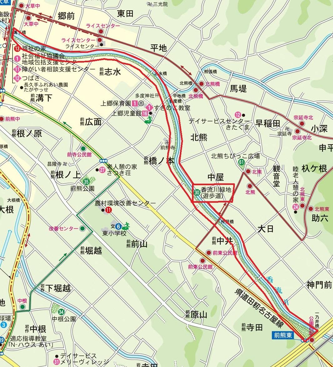 香流川（かなれがわ）緑地の範囲を赤線で囲った地図