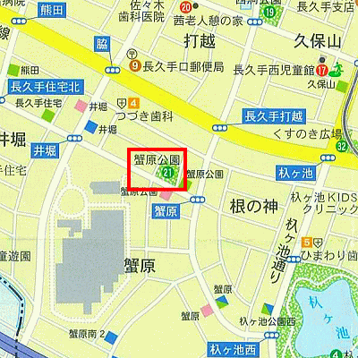 蟹原（かにはら）公園の範囲を赤線で囲った地図