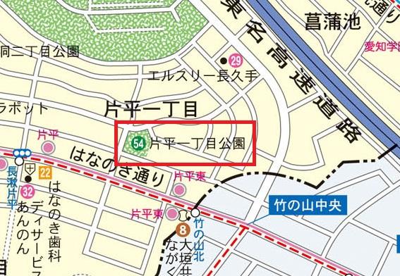 片平一丁目（かたひらいっちょうめ）公園の範囲を赤線で囲った地図